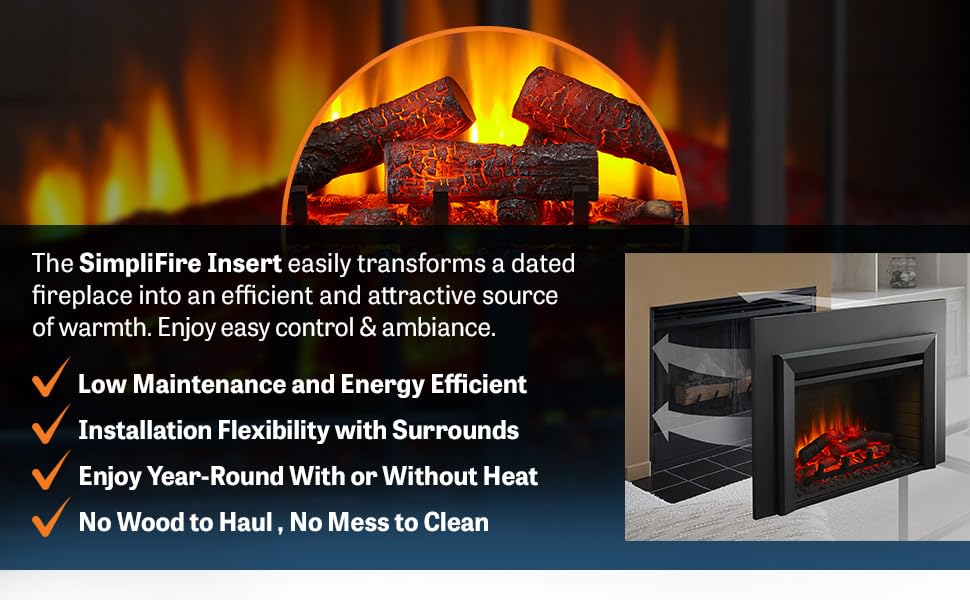 SimpliFire 35-Inch Electric Fireplace Insert, Large Black Surround, 44" x 32" (SF-INS35-SF-SI4432-INS35)