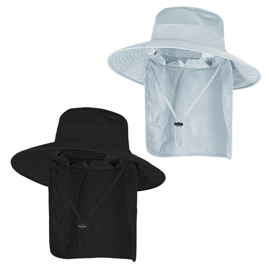 2Pack Sun Hats for Men Women Fishing Hat UPF 50+ Breathable Wide Brim Bucket Hats Summer UV Protection Safari Hat with Neck Flap Black/Light Grey