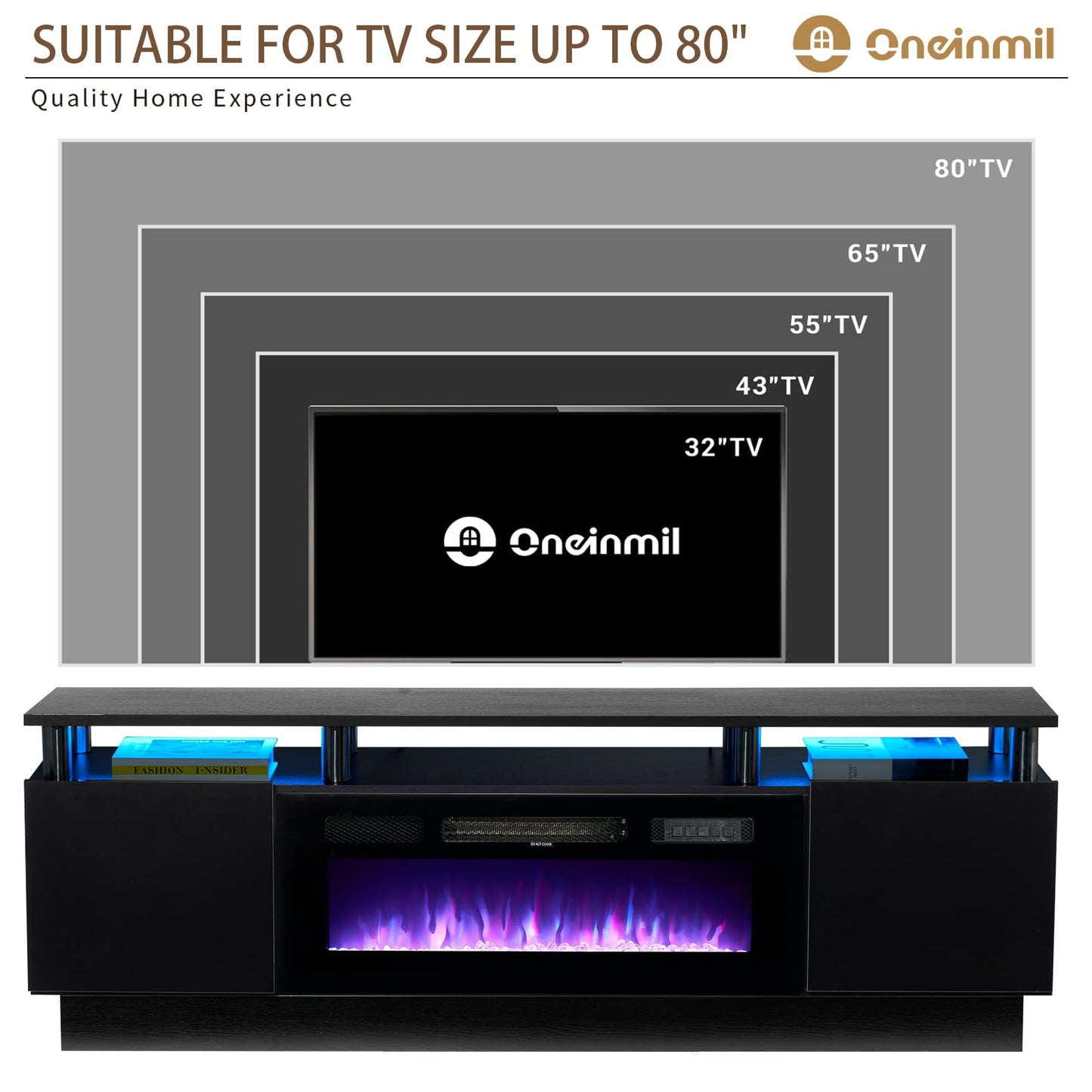 oneinmil Fireplace TV Stand with 36" Electric Fireplace,LED Light Entertainment Center,2 Tier TV Console Stand for TVs Up to 80",Fireplace for The Living Room TV Stand,Black