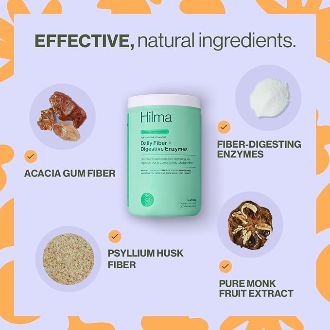 Hilma Daily Fiber and Digestive Enzymes, Fiber Supplement Powder with Prebiotics and Enzymes Formulated with Psyllium Husk and Acacia, Gluten Free, Vegan, FSA Eligible, Digestive Support, 30 Servings