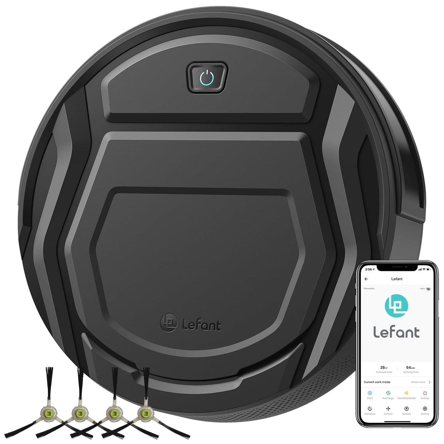 Lefant M210 Robot Vacuum Cleaner, 120-Min Runtime, Compact Design, Powerful Suction, Low Noise, Wi-Fi/App/Voice Control, Self-Charging, Scheduled Cleaning, Ideal for Pet Hair and Hard Floors, Black
