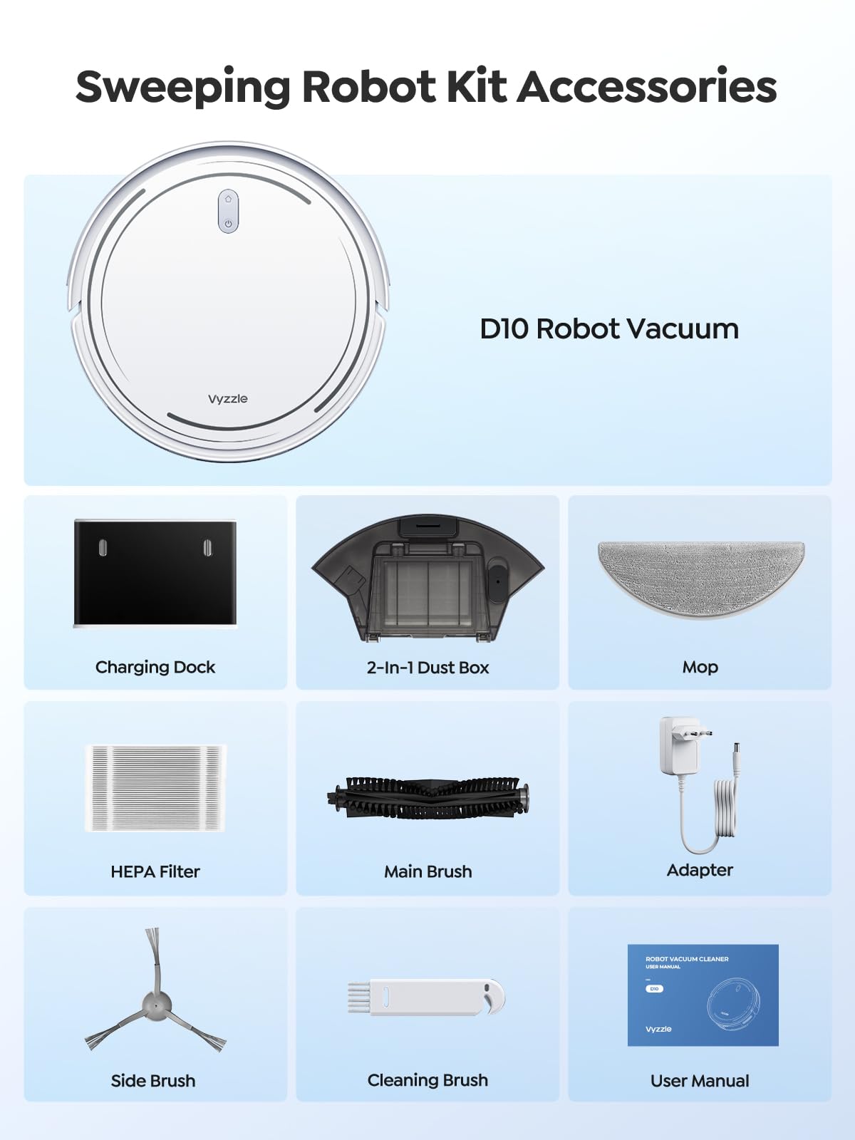 Vyzzle Robot Vacuum, 5000Pa Robot Vacuum and Mop, Smart Navigation, Ultra Slim Robot Vacuum Cleaner Self-Charging, Wi-Fi/App/Alexa Control, Ideal for Pet Hair, Hard Floor, Carpet