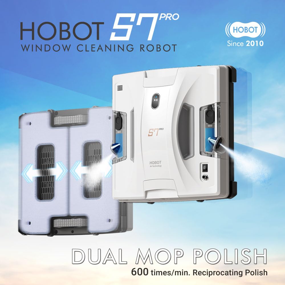 HOBOT S7 Pro Dual Mop Polish Hand Wiping Tec Window Cleaning Robot, 15nm Dual Ultrasonic Spray, 4800Pa Suction, App & Remote Control | for Framed/Frameless Glass, Any Thickness, Indoor/Outdoor Use