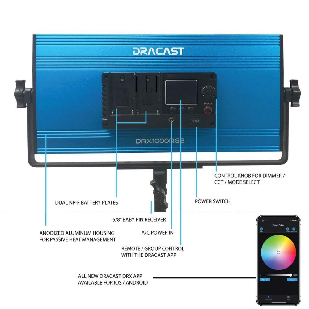 Dracast X Series LED1000 RGB + Bi-Color LED 3 Light Kit with Injection Molded Travel Case | App Control | Dimmable 0-100% | 2800K to 8000K CCT | CRI 96+ | Dual NP-F Battery Plate
