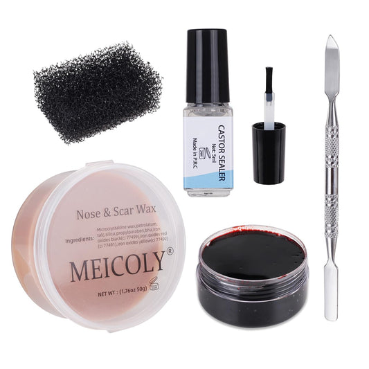 MEICOLY 5 Pcs Scars Wax SFX Special Effects Makeup Kit,Halloween Fake Blood Gel,Fake Wound Modeling Wax(1.67Oz) with Spatula,Stipple Sponge,Scab Coagulated Blood Gel(1.06Oz),5ml Castor Sealer,01