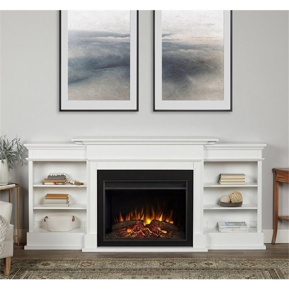 Bowery Hill 92" W Modern Wood Electric Fireplace TV Stand with Mantel & Remote Control, 6-Feet Power Cord and Hardware, 5 Flame Brightness Levels, for TVs up to 85", in White & Black Finish