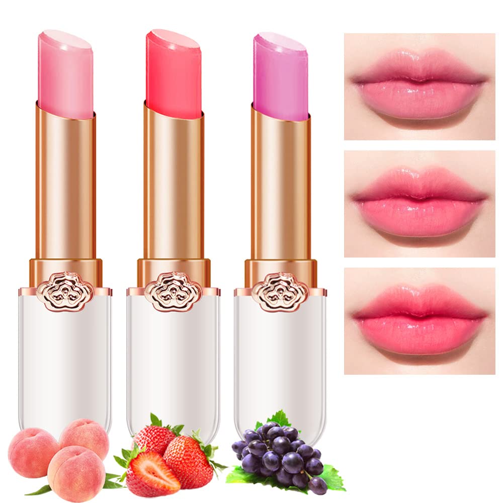evpct 3Pcs Peach Strawberry Grape Tinted Lip Balms PH Lip Color Changing Lipstick Stain Gift Set Queen for Women Girls Korean Mood Long Lasting Color Change Light Pink Lipstick Lip Tint Gloss