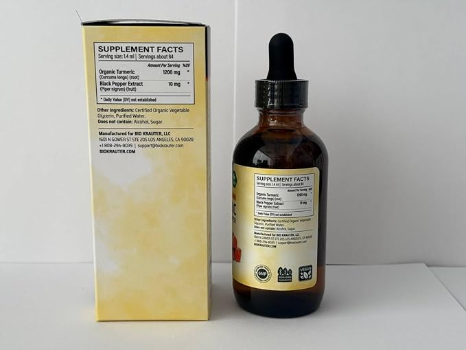 BIO KRAUTER Turmeric Supplement Tincture - 1200 mg Turmeric Curcumin with Black Pepper Extract - Alcohol and Sugar Free - Vegan Drops 4 Fl.Oz.