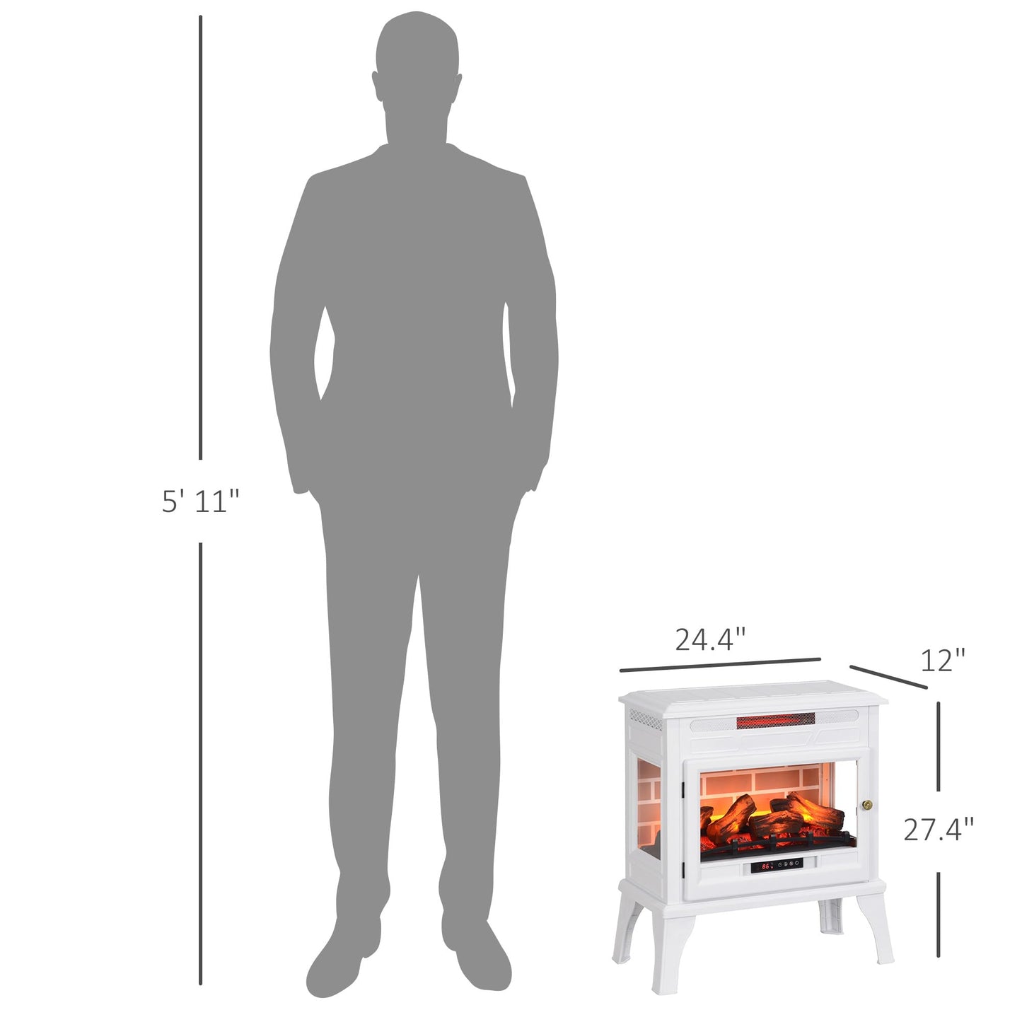 HOMCOM Electric Fireplace Stove, 24" Freestanding Electric Fireplace Infrared Heater with Remote, Adjustable 3D Flame Effect, Thermostat, Overheat Protection, 1000W/1500W, White