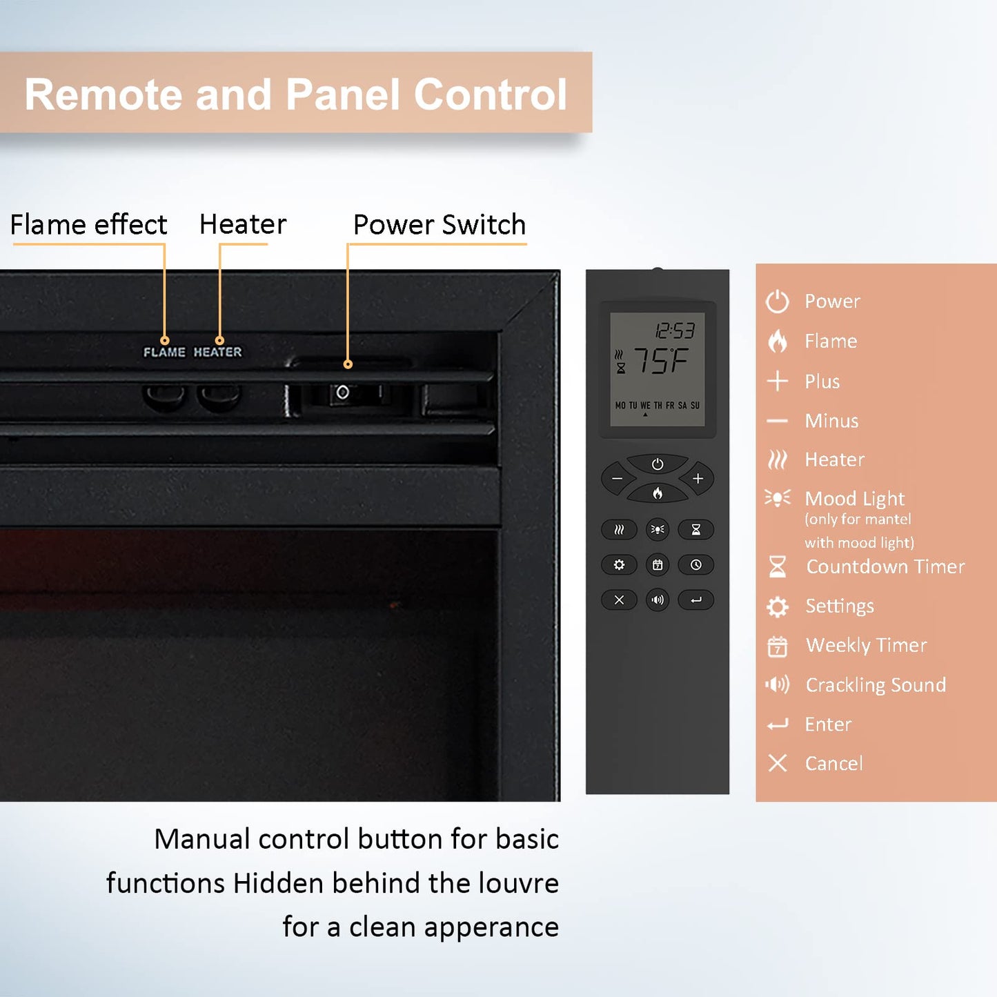 LegendFlame Jaden 36" W x 26" H (EF443) Electric Fireplace Insert with Front Trim Kit, Fire Crackling Sound, 750W/1500W Heater, Remote Control