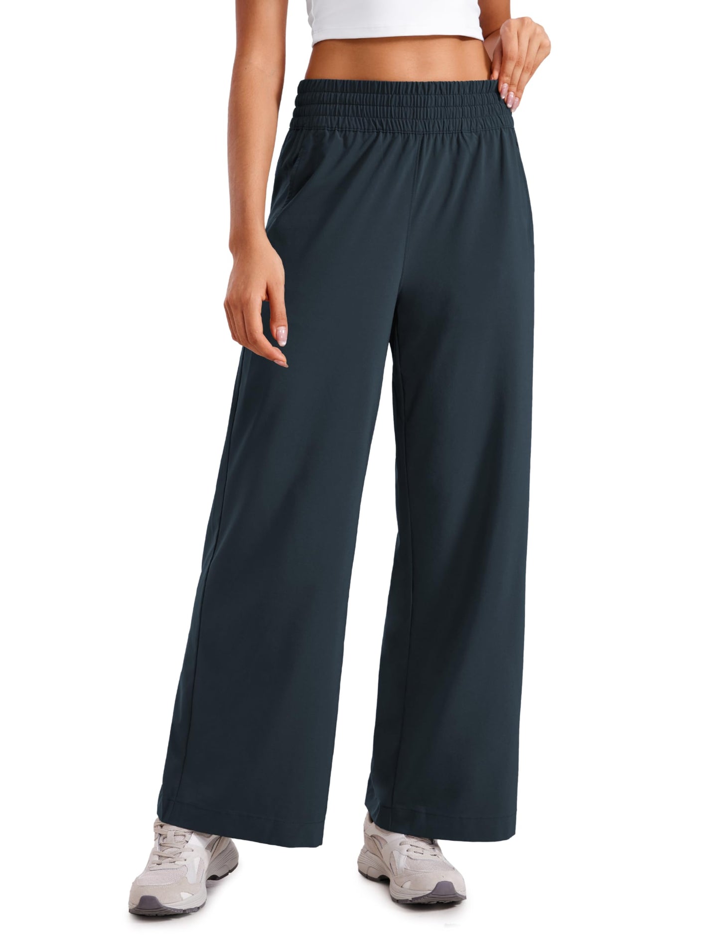 CRZ YOGA Lightweight Wide Leg Pants for Women 30" High Waisted Casual Lounge Travel Work Pants with Pockets Loose Fit Summer True Navy Medium