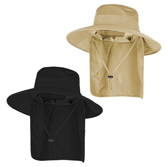 2Pack Sun Hats for Men Women Fishing Hat UPF 50+ Breathable Wide Brim Bucket Hats Summer UV Protection Safari Hat with Neck Flap Black/Khaki