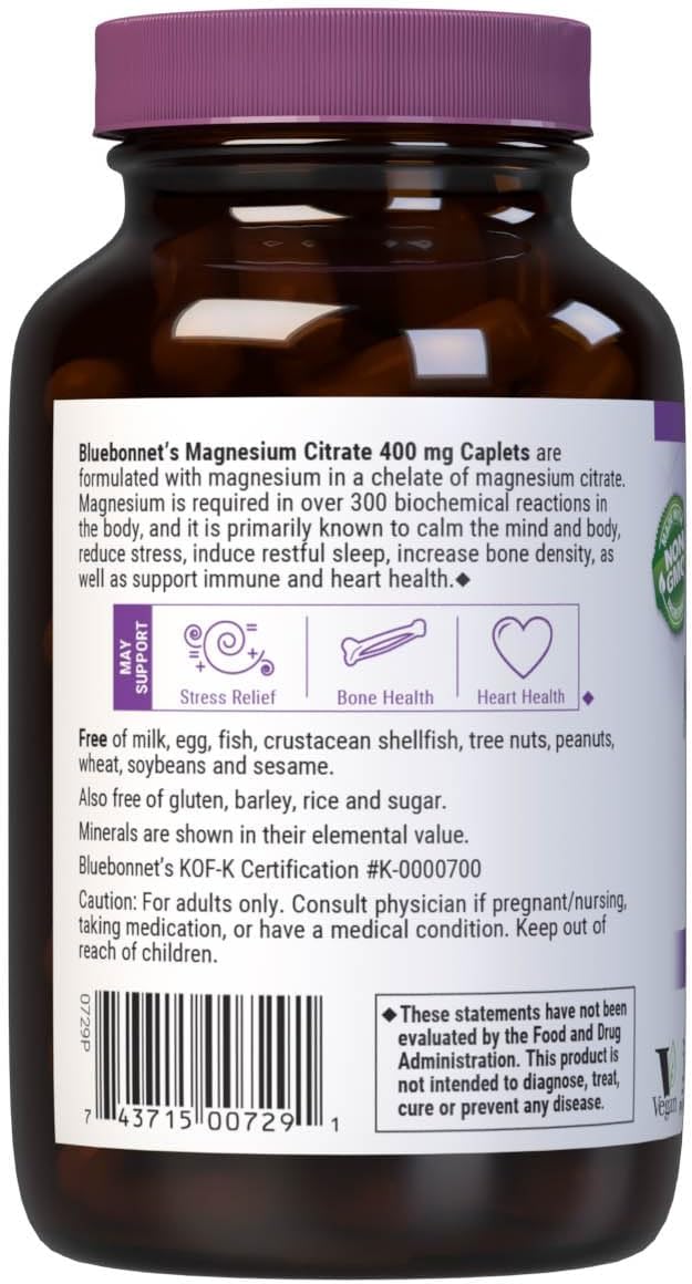 Bluebonnet Nutrition Magnesium Citrate (400mg of Magnesium)- Maximum Absorption - Supports Immune Health & Energy Production - Soyfree, Gluten-Free, Non-GMO, Kosher, Dairy Free, Vegan, 60 Caplets