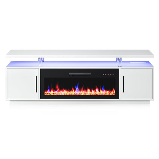 BELLEZE 79" TV Stand for TVs up to 85", LED Light Entertainment Center with 42" Electric Fireplace Heater, Storage Cabinet with USB AC Outlet, Media Console Table for Living Room - Avenue (White)