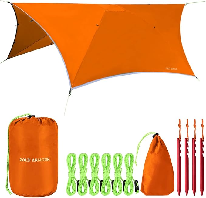 Gold Armour Rainfly Tarp for Hammock and for Tent, Camping Essentials Rain Fly Cover, Waterproof Lightweight Camping Accessories, Survival Camping Gear Camping Tent Accessories (Orange)