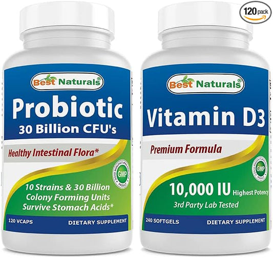Best Naturals Probiotic 10 Strains & 30 Billion CFU & Vitamin D3 10000 IU