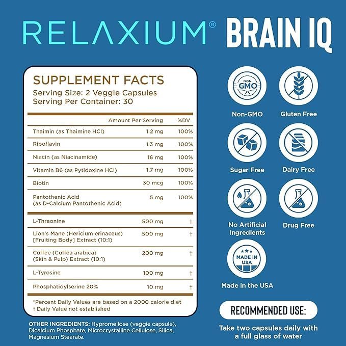 BrainIQ Nootropic Brain Supplements for Memory and Focus | Memory Supplement for Brain Health | Cognitive Supplement & Memory Pill with Lion's Mane, L-threonine & Coffee Extract - 60 Count (Pack of 1)
