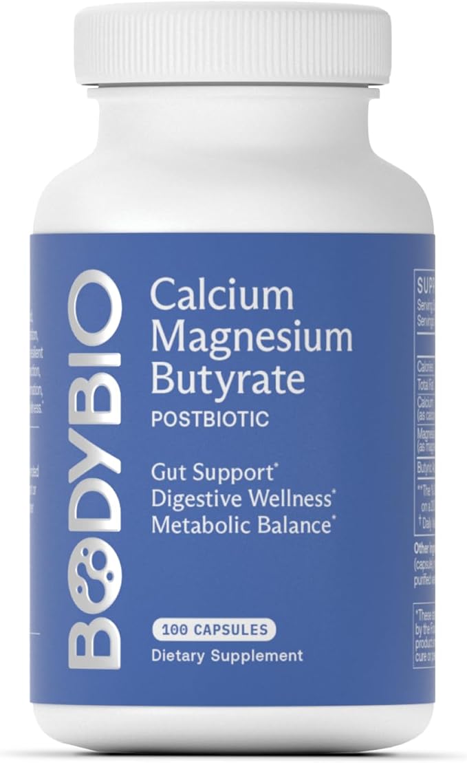 BodyBio Butyrate Supplement - Postbiotic for Gut Microbiome Health, Digestion and Regulation Support - Butyric Acid with Calcium Magnesium - 100 Capsules