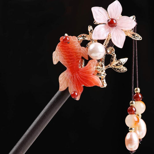 TOP SEWING Wooden Hair Pins 7.08" Chinese Goldfish Flower Hair Sticks For Long Hair Buns for Women