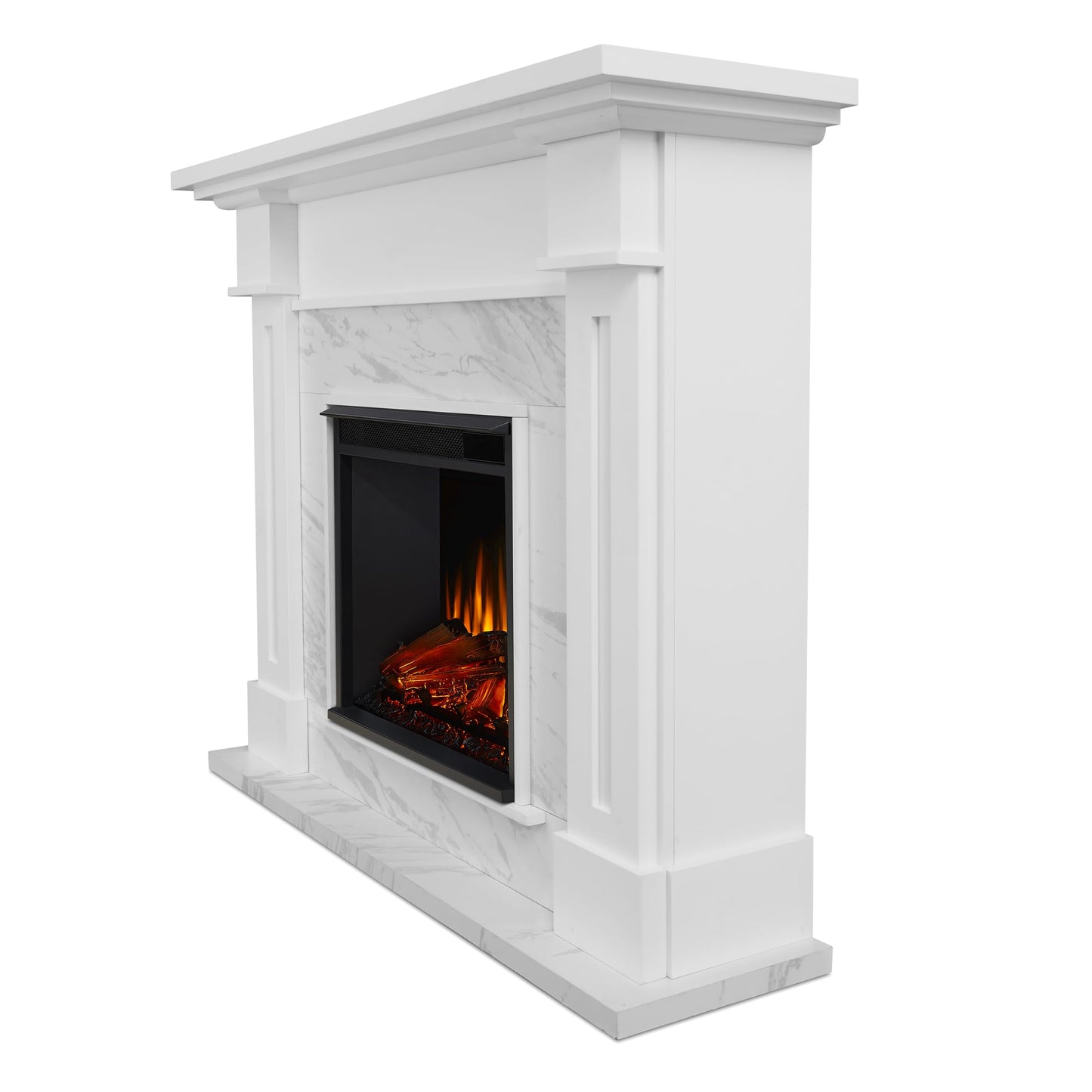 Real Flame Kipling 54" Electric Fireplace with Mantel for Living Room or Bedroom, Replaceable Fireplace Insert Heater, Realistic Log and Flame Effect, Remote Control, Timer, White with Faux Marble
