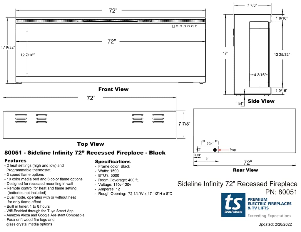 Touchstone Sideline Infinity 3-Sided Smart 72" WiFi-Enabled Electric Fireplace - 80051 - Built-in - 60 Color Combinations - 1,500W Heater- Black - Log & Crystals