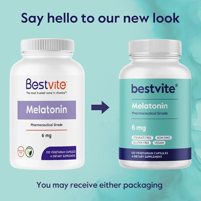 BESTVITE Melatonin 6 mg - 120 Veg Caps - No Stearates - No Sucralose, No Dextrose, No Silicon Dioxide, No Mannitol - Vegan - Non-GMO - Gluten-Free