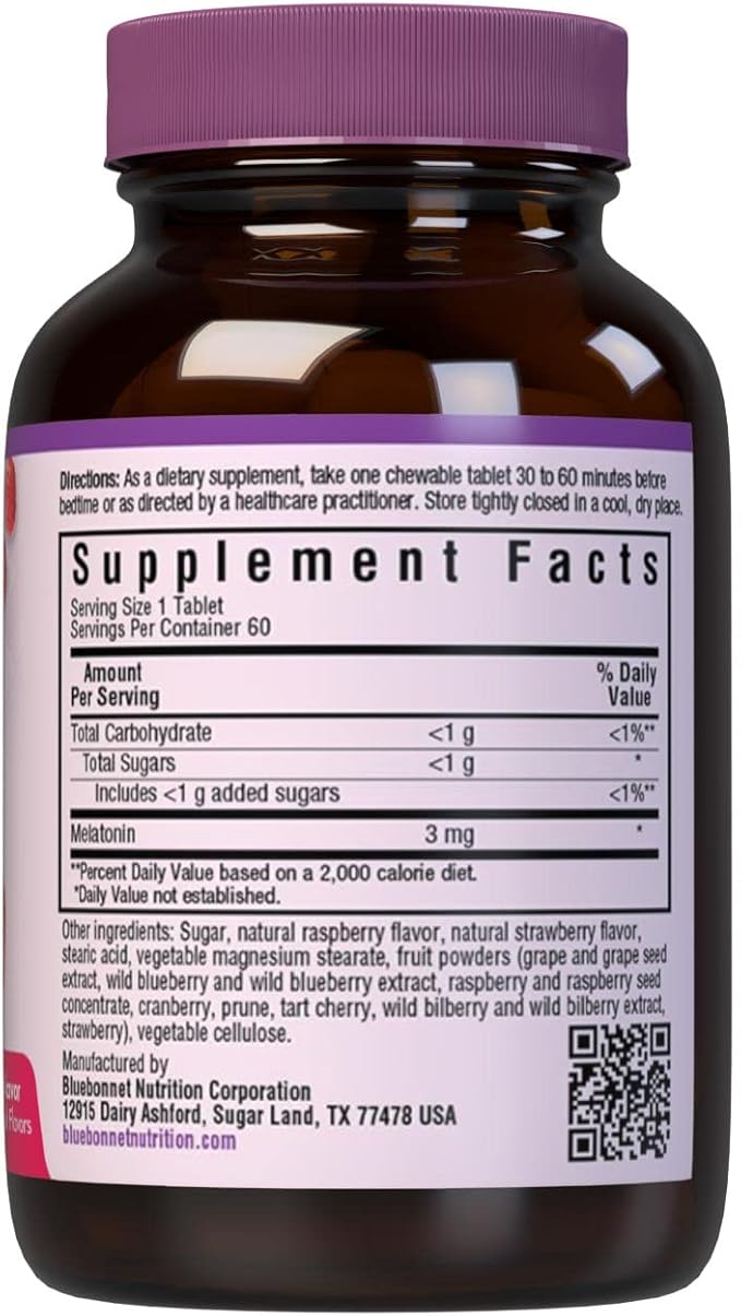 Bluebonnet Nutrition EarthSweet Melatonin 3 mg Fast-Acting Quick Dissolve Nighttime Relaxation & Restful Sleep Support - Sleep Aid - Gluten-Free, Vegan - Raspberry Flavor - 60 Chewable Tablets