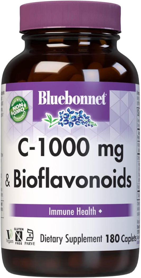 Bluebonnet Nutrition C-1000 mg Plus Bioflavonoids Caplets, Vitamin C 1000 mg, Citrus Bioflavonoids 500 mg, for Immune Health, Soy Free, Gluten Free, Non-GMO, Kosher, Dairy Free, Vegan, 180 Caplets