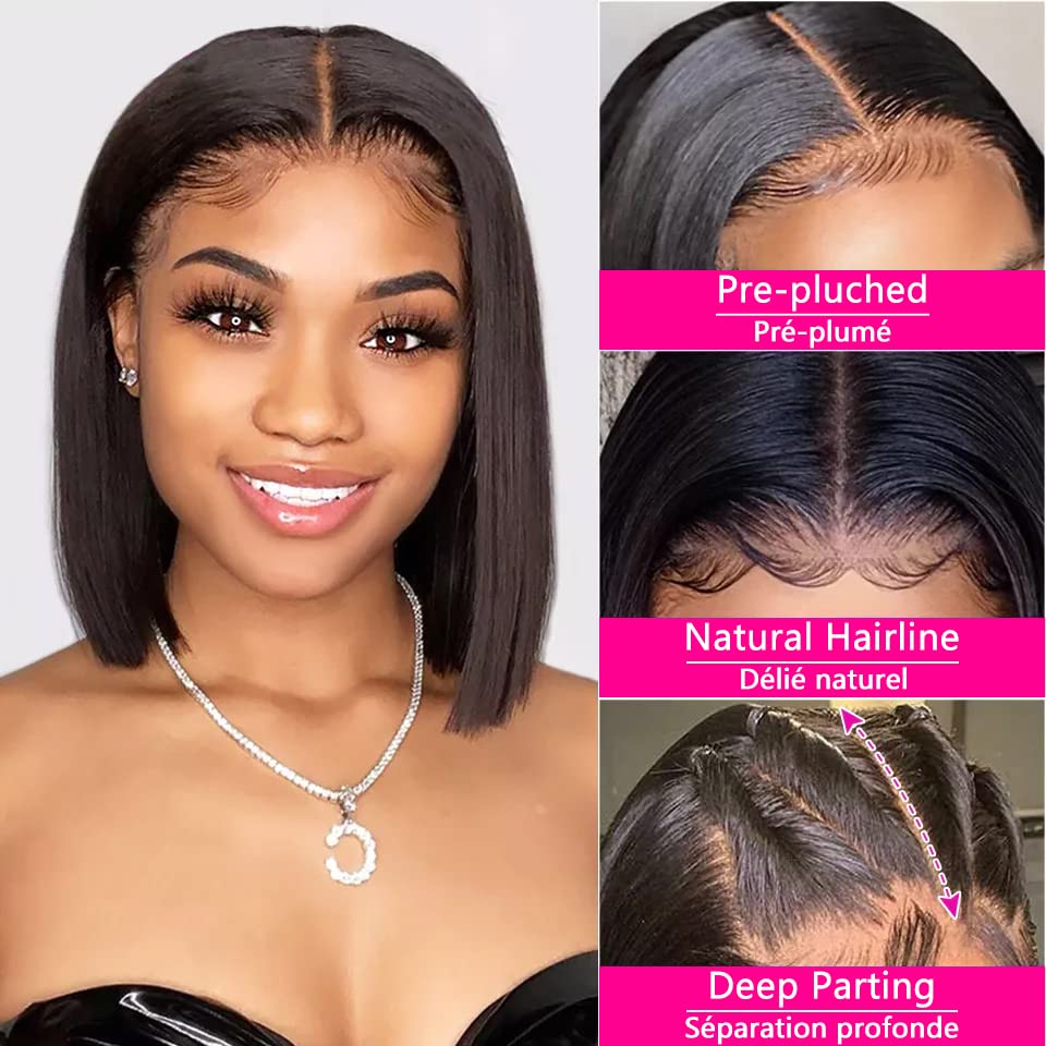 Bob Wig Human Hair 13x4 Lace Front Wigs Human Hair Pre Plucked with Baby Hair 180% Density Short Bob Wigs for Women Straight Bob Frontal Wigs for Women Natural Black (12inch,Short Wigs)
