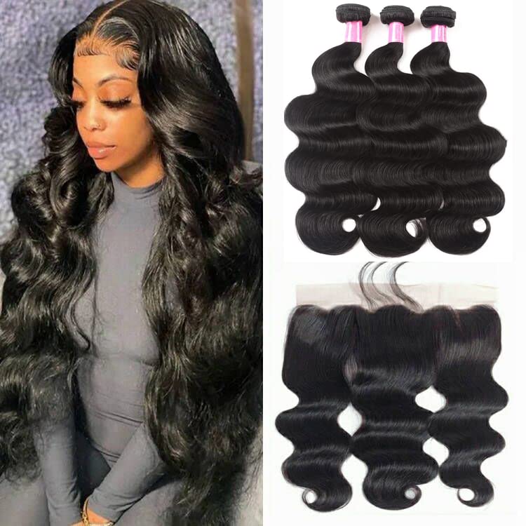 Body Wave Bundles With Lace Frontal (14 16 18+12 Frontal) Human Hair 3 Bundles With 13X4 Lace Closure Frontal 100% Unprocessed B
