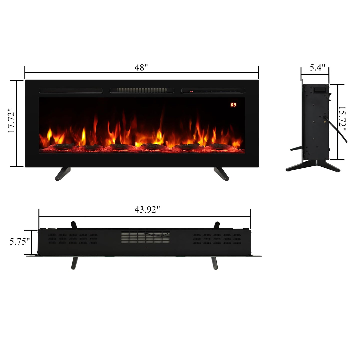 48 Inch Wall Mounted/Recessed/Freestanding Electric Fireplace Inserts，3 in 1 Electric Fireplace with 4 Solid Flame Colors & 10 Mixed Flame Colors,1-9H Timer, 750w/1500w