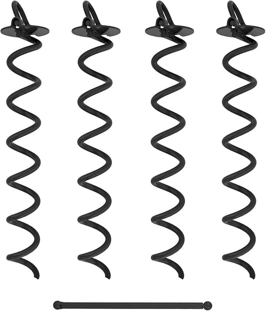 7Penn Ground Anchors Screw in 4 Pack - 16 Inch Black Spiral Dog Leash Ground Anchor Tie Down - Heavy Duty RV Canopy Stakes for High Wind Camping Tents with 475 lbs Pull Force