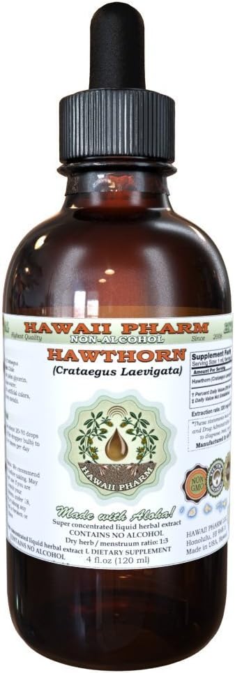 Hawthorn Alcohol-Free Liquid Extract, Hawthorn (Crataegus Laevigata) Dried Leaf and Flower Glycerite Hawaii Pharm Natural Herbal Supplement 2 oz