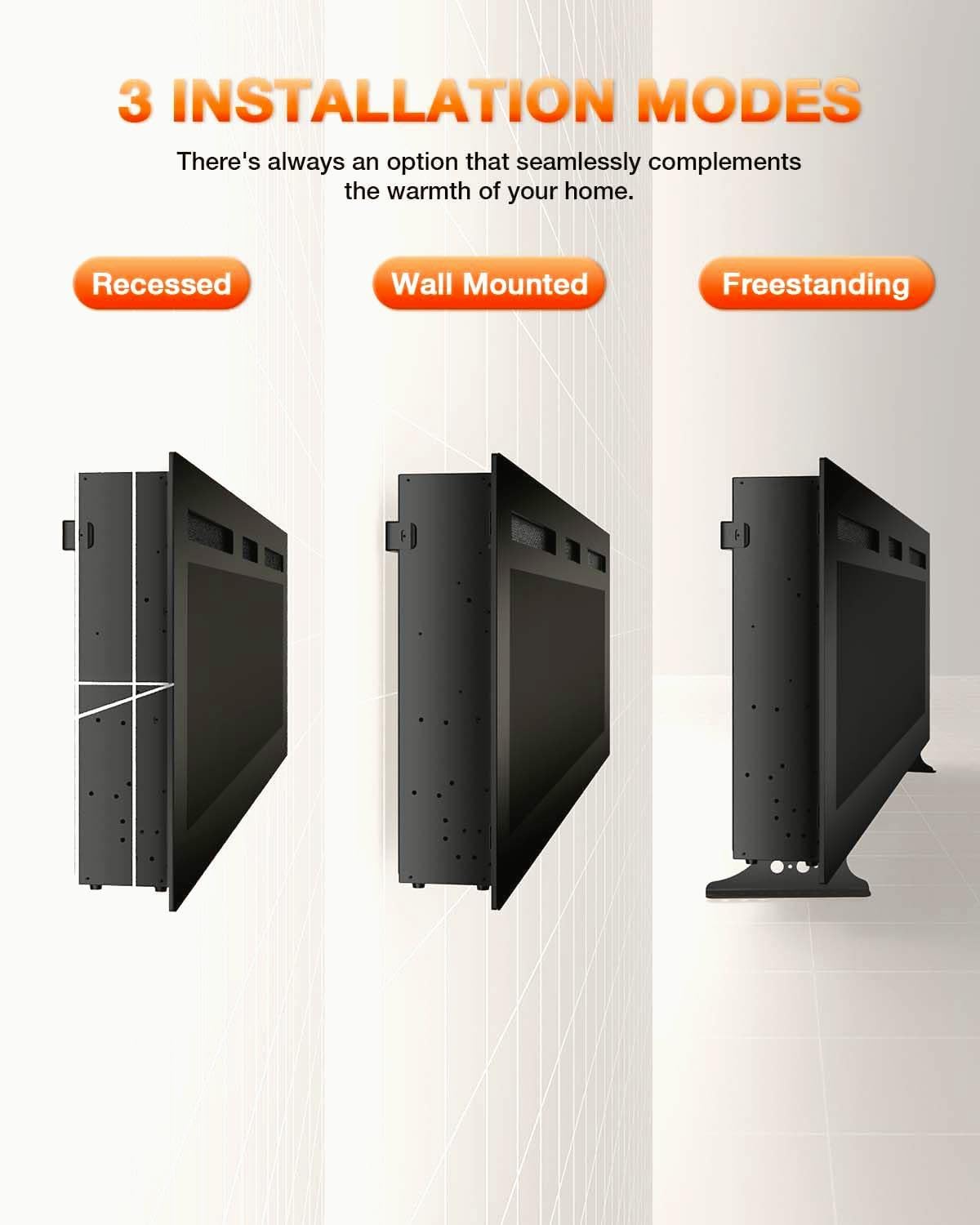 VISVEIL Electric Fireplace 60Inch,Wall Mounted Electric Fireplace Heater with Timer Inserts，TV Stand Touch Screen and Realistic Flame,Log Set,Crystal Flames 750 to 1500W，Remote for Living Room