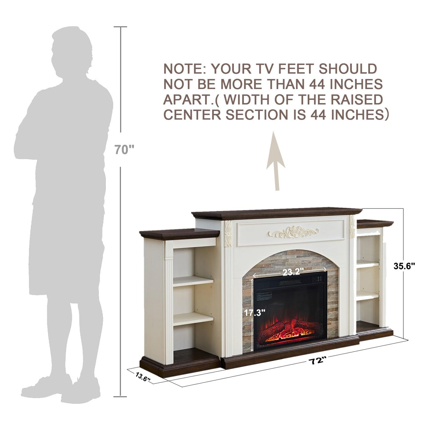 72" Electric Fireplace with Mantel, White TV Stand for TVs Up to 80 Inch, Farmhouse Entertainment Center with Storage for Bedroom,23'' Fireplace Insert Heater for Living Room