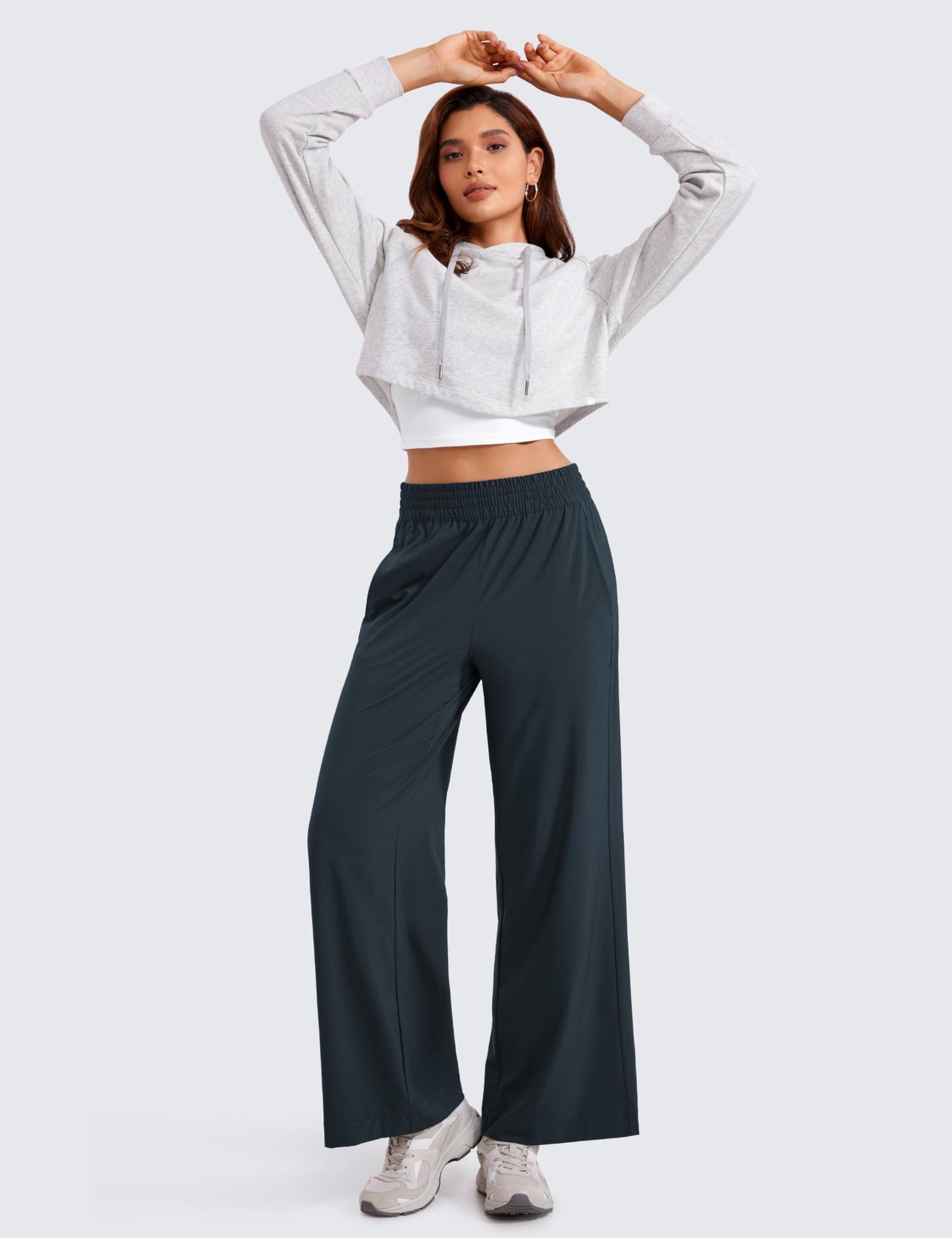 CRZ YOGA Lightweight Wide Leg Pants for Women 30" High Waisted Casual Lounge Travel Work Pants with Pockets Loose Fit Summer True Navy Medium
