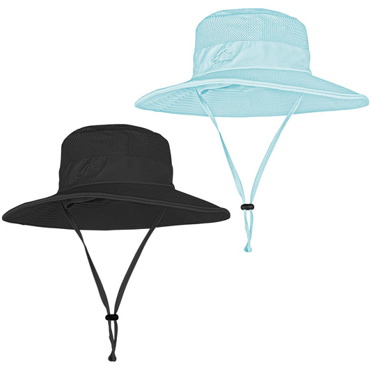 2 Pack Sun Hats for Men Women Fishing Hat UPF 50+ Breathable Wide Brim Summer UV Protection Hat Black/Blue