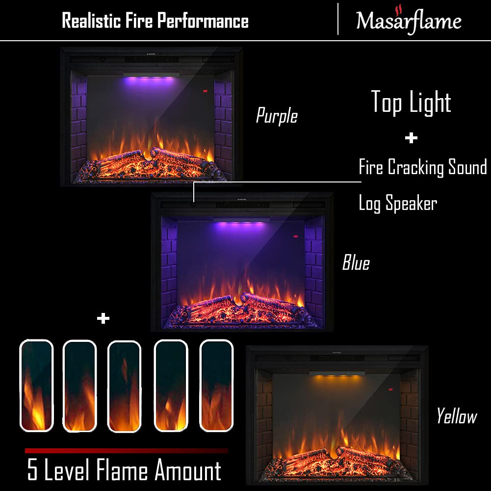 Masarflame 43'' Electric Fireplace Insert, Retro Recessed Fireplace Heater with Fire Cracking Sound, Remote Control & Timer, 750/1500W, Black