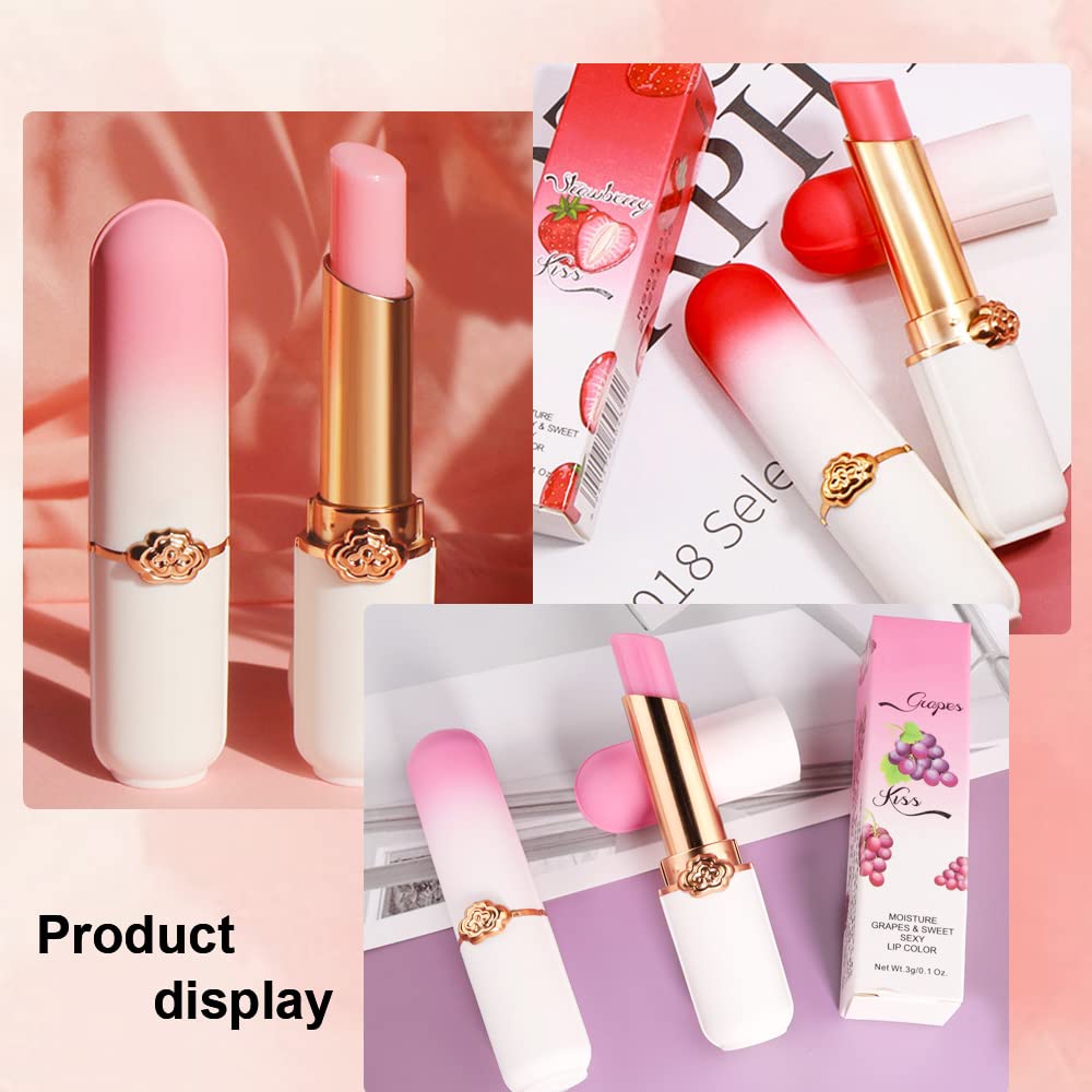 evpct 3Pcs Peach Strawberry Grape Tinted Lip Balms PH Lip Color Changing Lipstick Stain Gift Set Queen for Women Girls Korean Mood Long Lasting Color Change Light Pink Lipstick Lip Tint Gloss