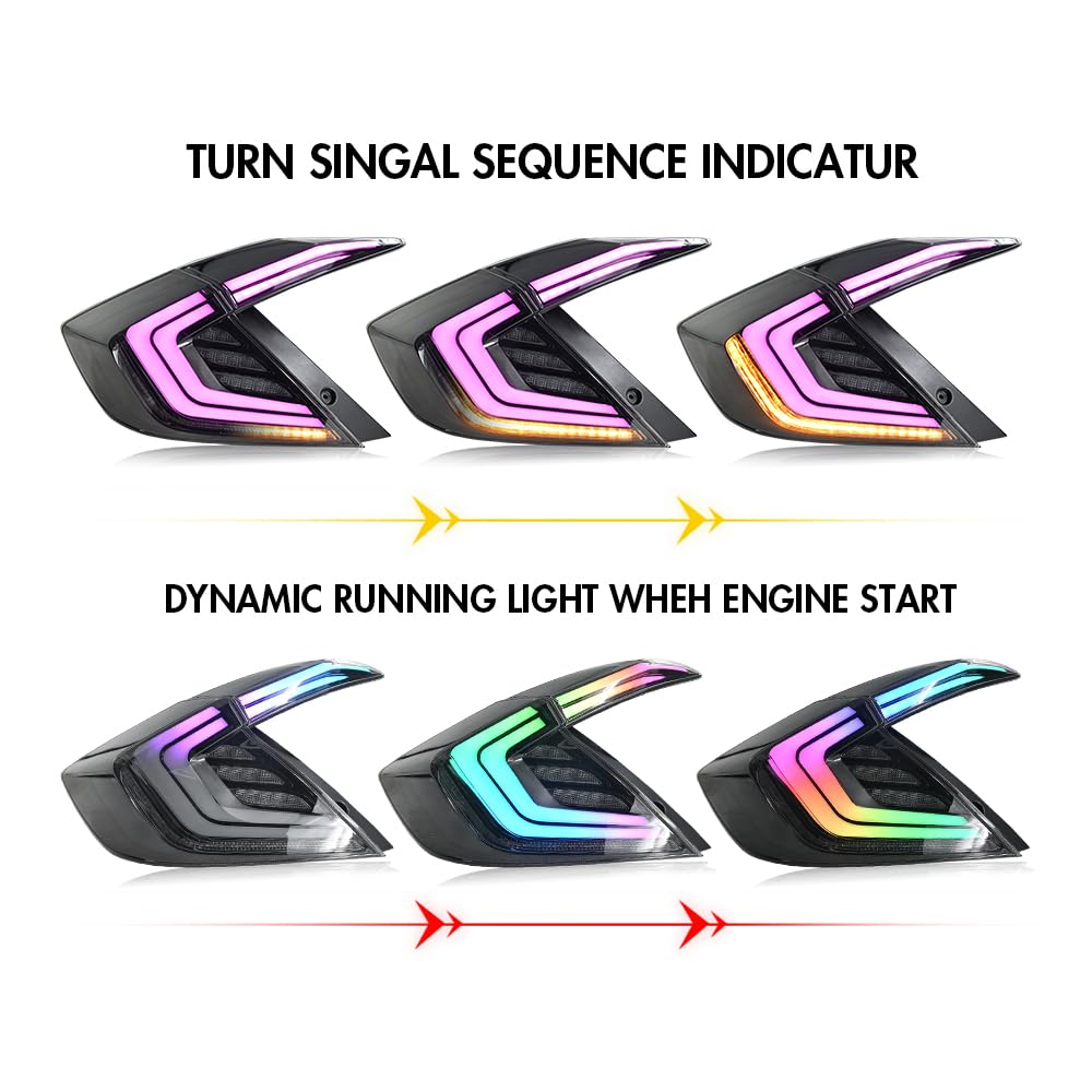 T T-ABC New RGB Taillight Compatible with Honda Civic 2016-2021 Tail Light Sedan Touring Sport EX EX-L LX Rear Lights Multicolored N1 Style LED Sequential Animation 10th Gen Custom Back Accessories