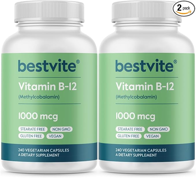 BESTVITE Vitamin B12 (Methylcobalamin) 1000mcg (480 Vegetarian Capsules)(2 x 240) (Methyl B12) - No Stearates - Vegan - Non GMO - Gluten Free