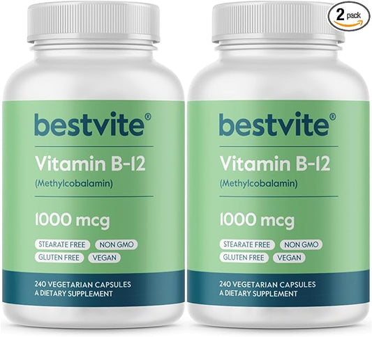 BESTVITE Vitamin B12 (Methylcobalamin) 1000mcg (480 Vegetarian Capsules)(2 x 240) (Methyl B12) - No Stearates - Vegan - Non GMO - Gluten Free