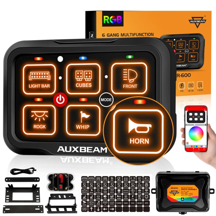 Auxbeam 6 Gang Switch Panel Bluetooth RGB AR-600 with Toggle Momentary Pulsed Modes Multifunctional Switch pod with Manual and Automatic Backlit Control Boat Switch Panel for Truck Car ATV Waterproof