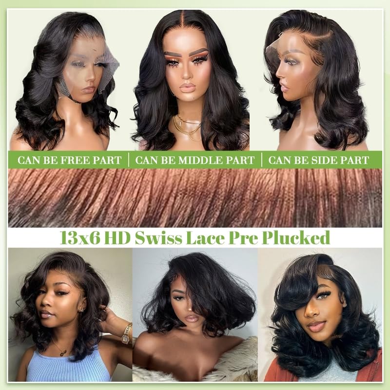 Body Wave 13x6 HD Lace Front Wigs Human Hair 200% Density Bob Wig Human Hair Pre Plucked Short Bob Wigs for Black Women Glueless Frontal Wig Human Hair Natural Black Loose Wavy 14 inch Bob Wig