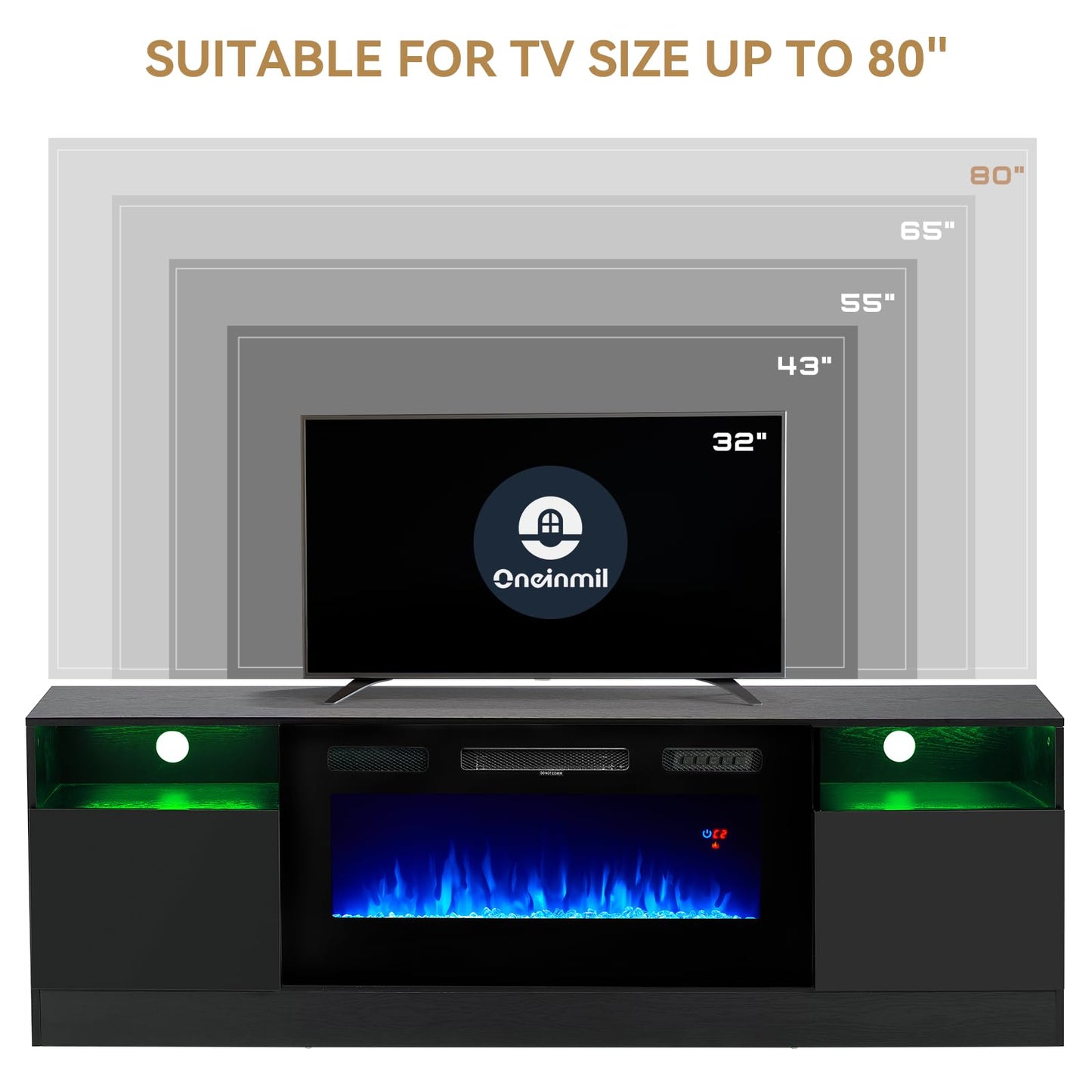 oneinmil Fireplace TV Stand with 36" Electric Fireplace, LED Light Entertainment Center, Modern Wood Texture Entertainment Stand with Highlight Storage Cabinet for TVs Up to 80", 70 inches, Black