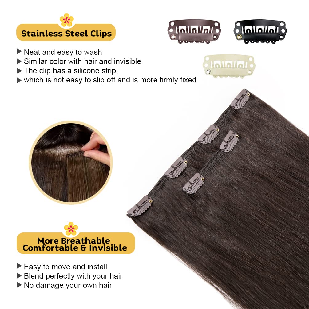 2PCS 14 Inch Clip in Hair Extensions Real Human Hair, Soft and Natural Hair Extensions Clip ins, Dark Brown Remy Hair Extensions Clip in Human Hair Straight Double Weft Hair Extensions for Women