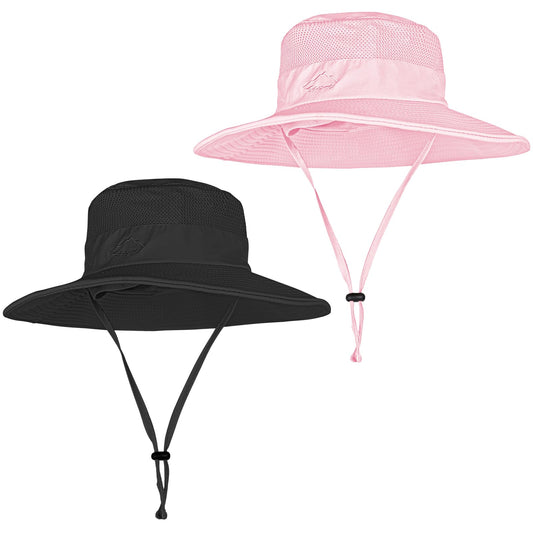 2 Pack Sun Hats for Men Women Fishing Hat UPF 50+ Breathable Wide Brim Summer UV Protection Hat Black/Pink
