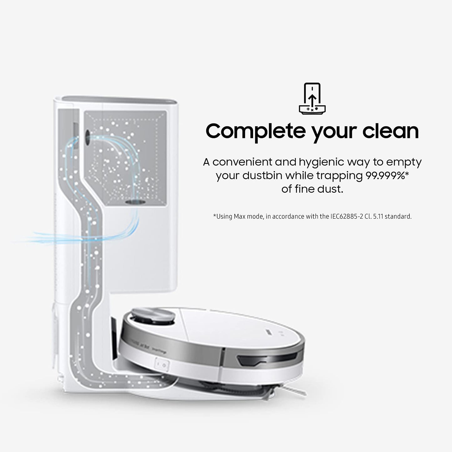 SAMSUNG Jet Bot+ Robot Vacuum Cleaner w/ Clean Station, Automatic Emptying, Precision Cleaning, 5-Layer Filter, Intelligent Power Control for Hardwood Floors, Carpets, Area Rugs, VR30T85513W/AA, White