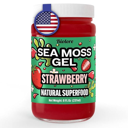 Biolore Sea Moss Gel Strawberry Made in USA Raw Wildcrafted Irish Seamoss Essential Vitamins Trace Minerals Vegan Superfood (Strawberry 8OZ)