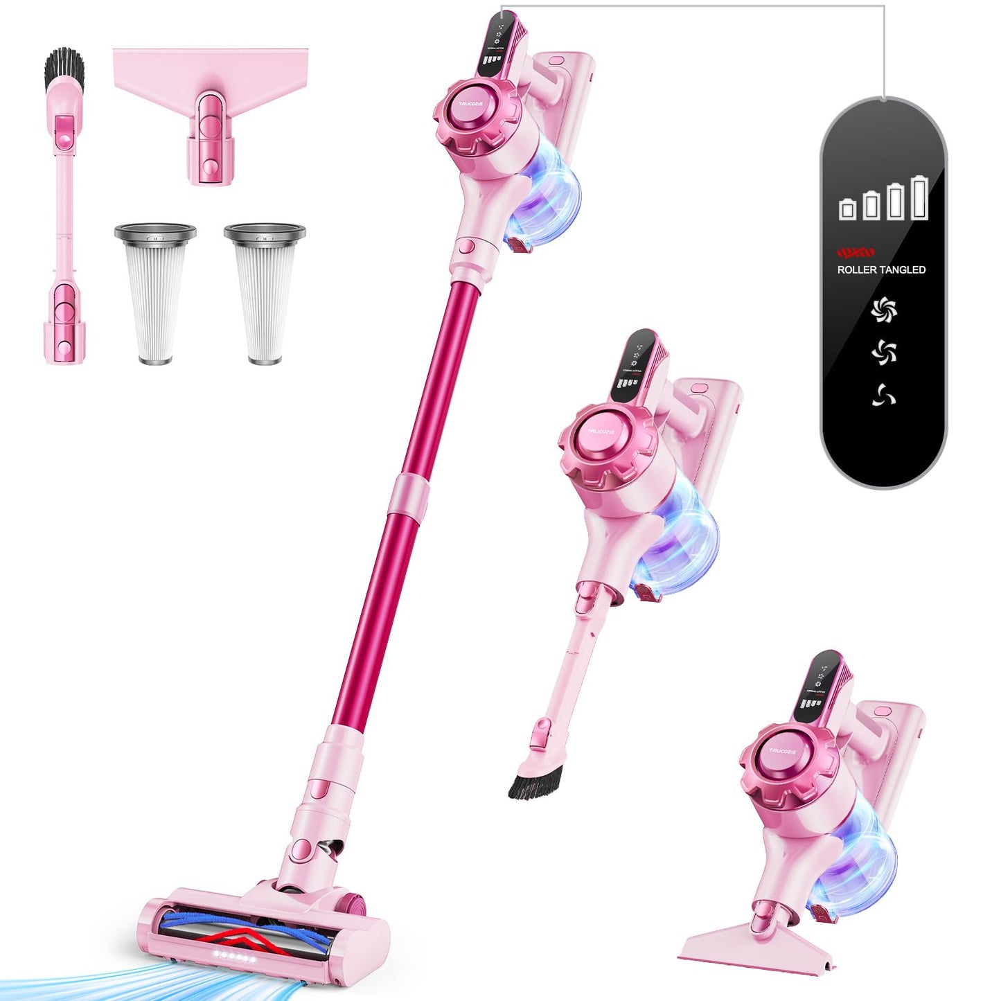Trucozie Cordless Vacuum Cleaner, 8-in-1 Lightweight Stick Vacuum with 45mins Runtime, Powerful Suction, Rechargeable Cordless Vacuum for Carpet, Tile, Pet Hair, Hardwood Floors, Pink